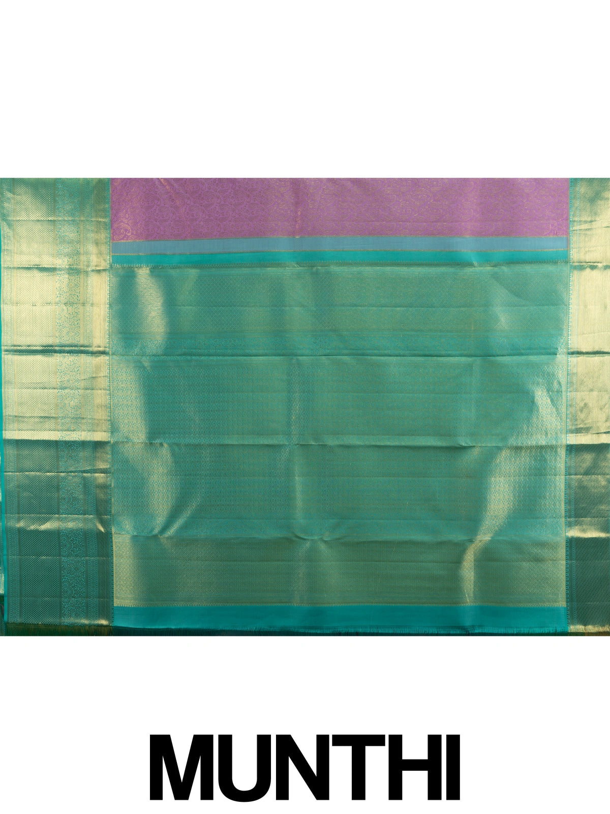 Pink and teal green pure Kanchipuram silk saree with allover gold zari brocade and contrast border