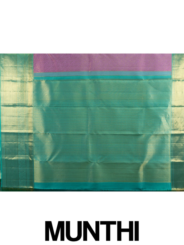 Pink and teal green pure Kanchipuram silk saree with allover gold zari brocade and contrast border