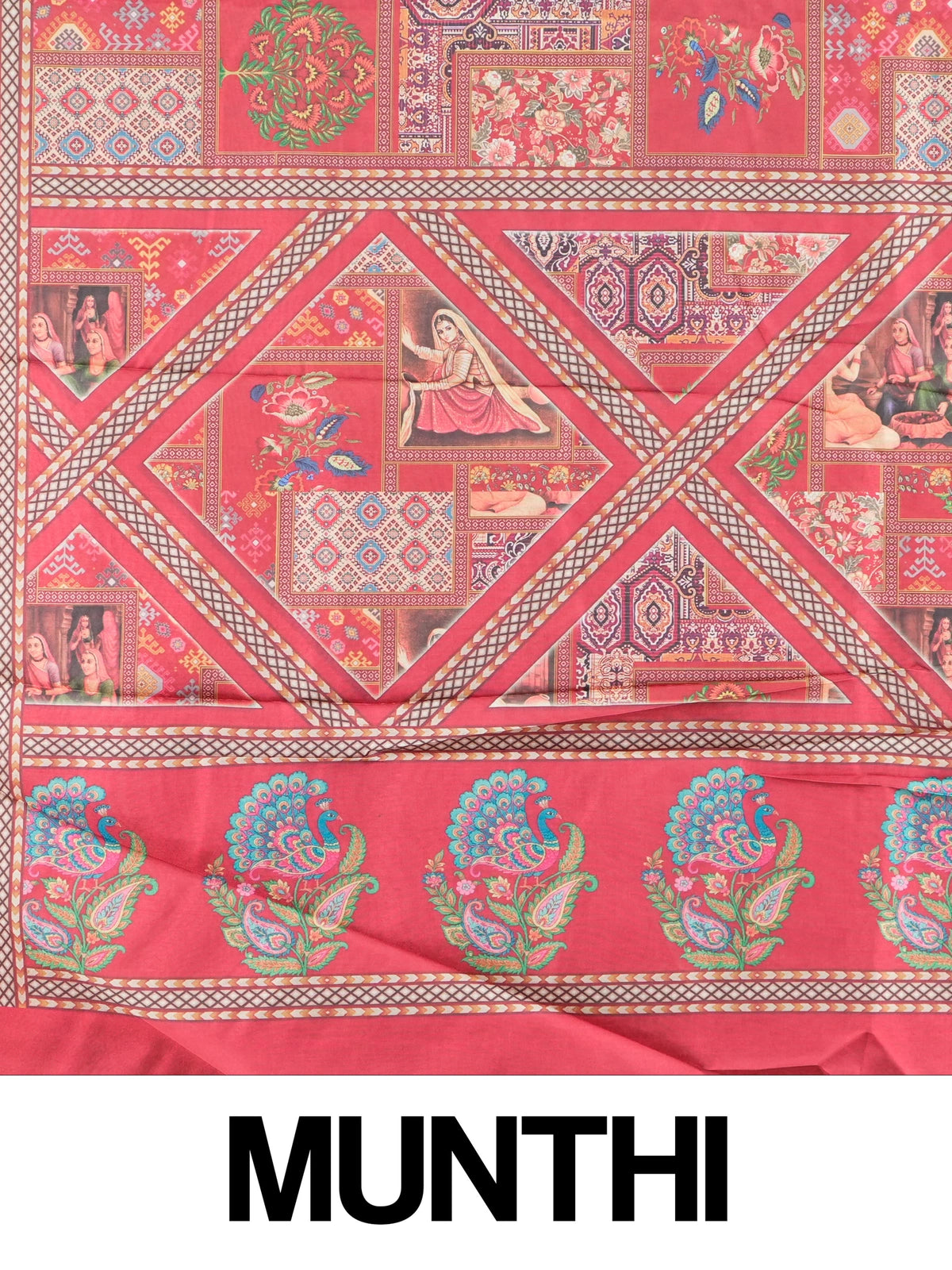 Red multicolour Dola silk saree with miniature painting patchwork print, peacock pallu and zari border