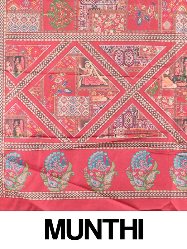 Red multicolour Dola silk saree with miniature painting patchwork print, peacock pallu and zari border