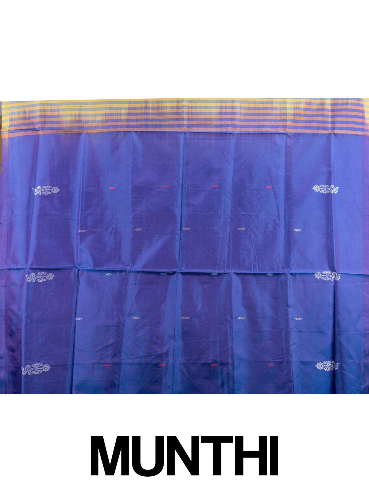 Mustard yellow banana silk saree with royal blue contrast pallu, border and scattered buttas