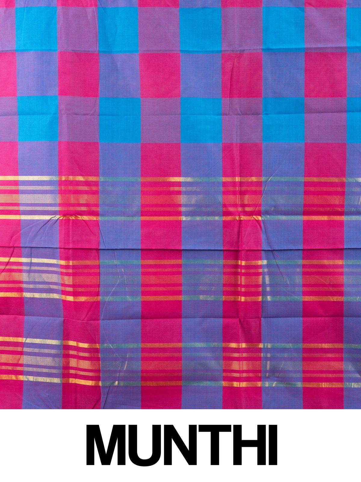 Pink and blue checked Chettinad cotton saree with gold zari border and paisley motif pallu