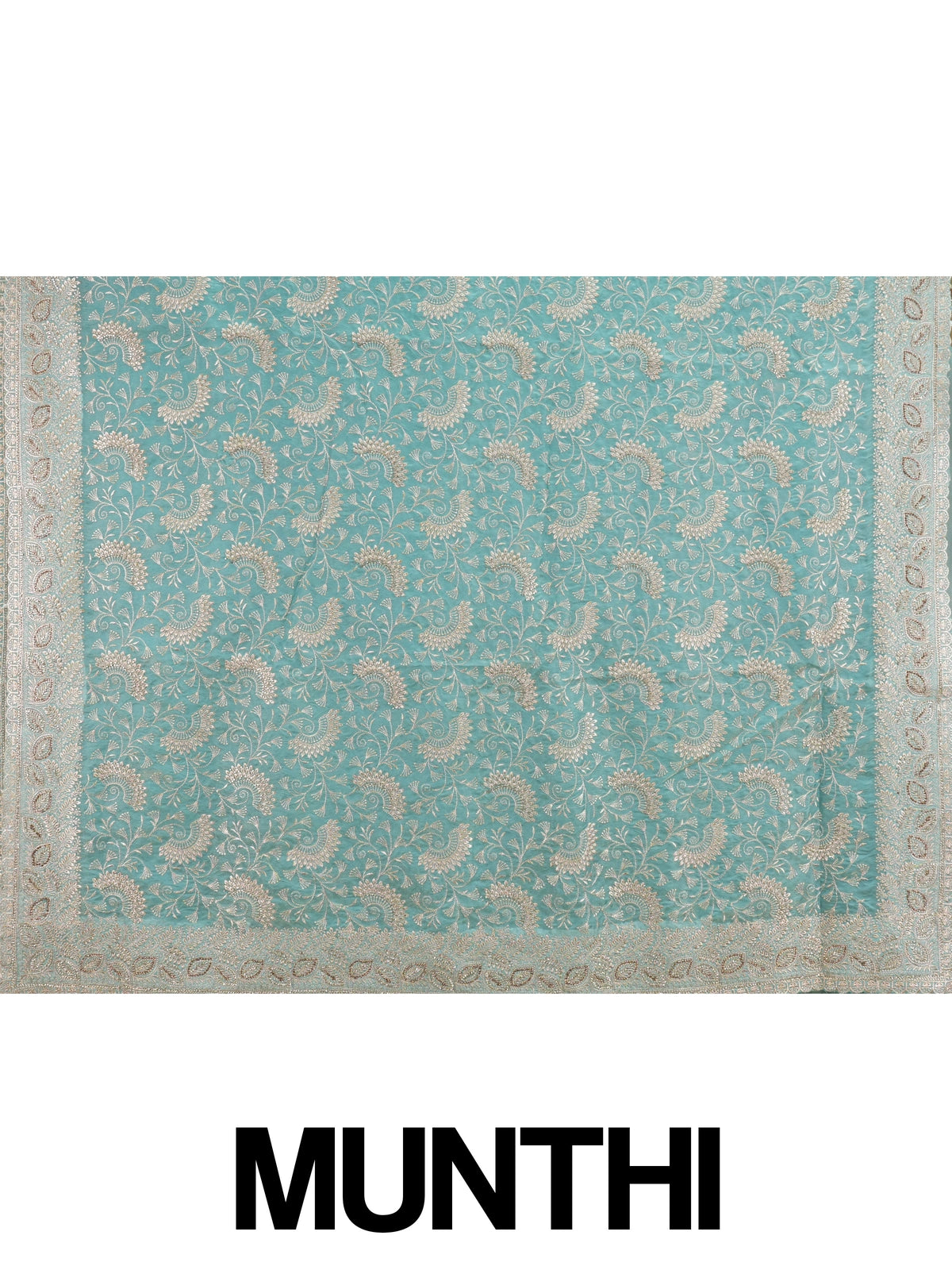 Sea green designer saree with allover gold zari floral and paisley embroidery and embellished border