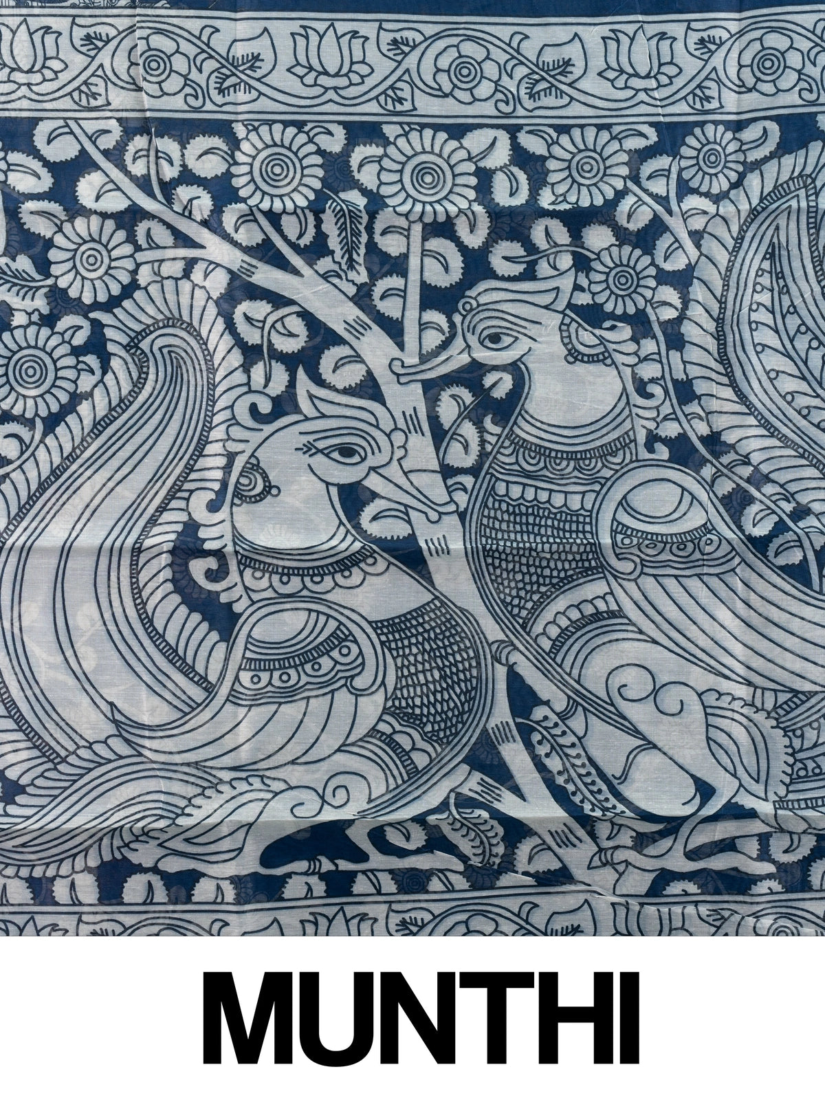 Navy blue linen cotton saree with grey border and white Kalamkari peacock and floral pallu