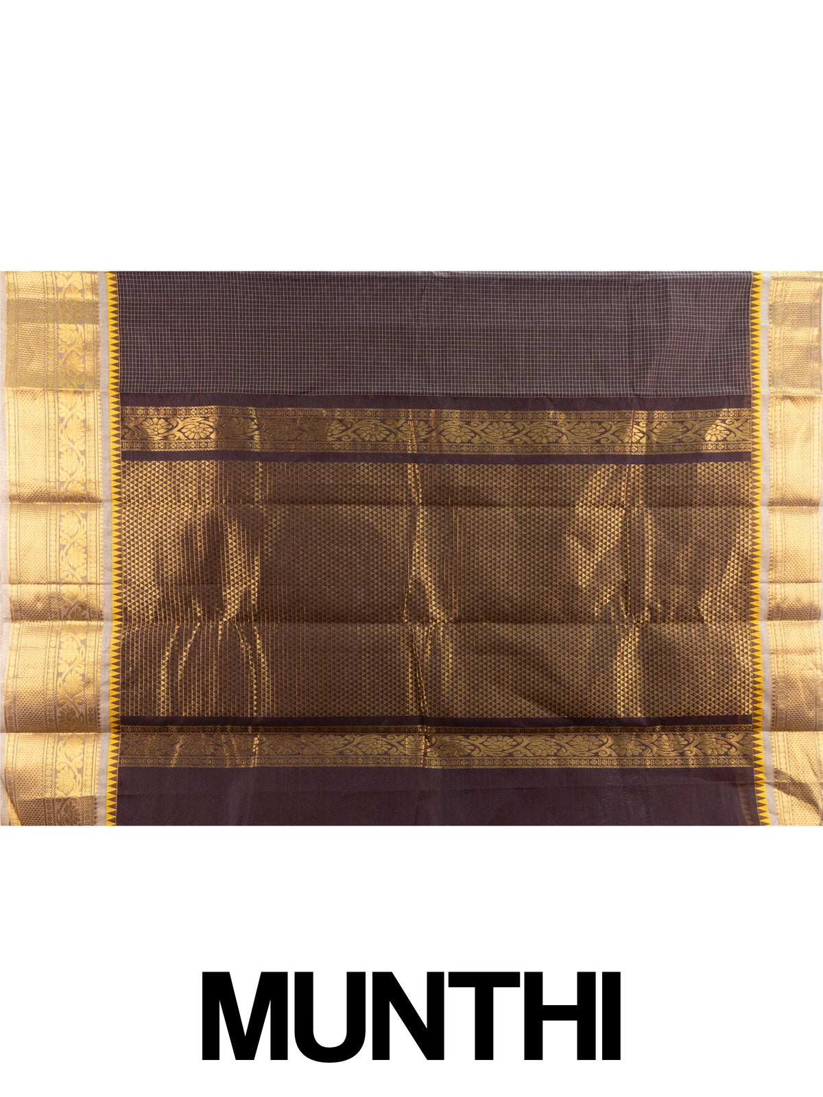 Dark brown Chettinad cotton saree with fine checks and contrast gold zari temple border
