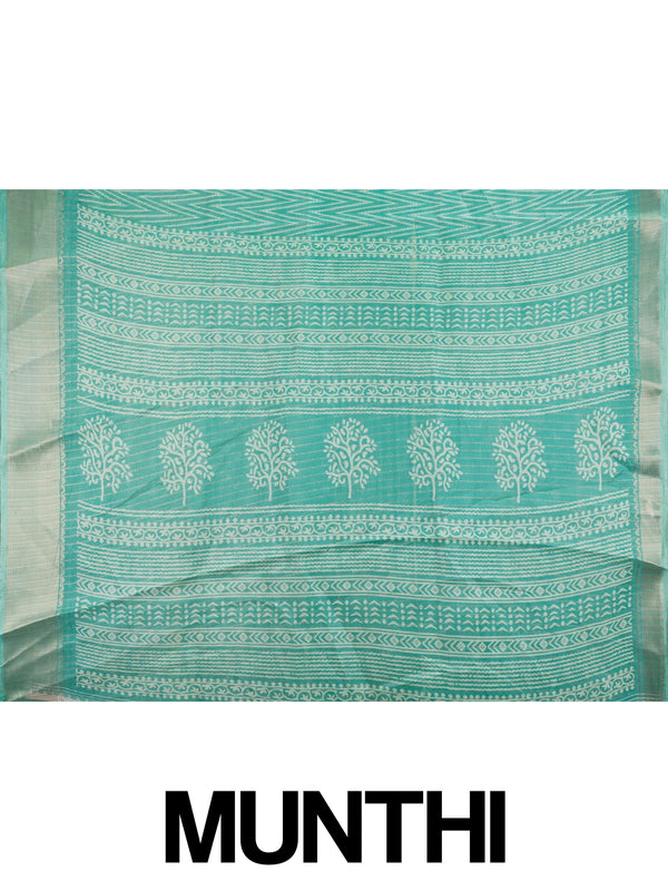 Sea green designer saree with gold zari chevron print, tree-motif pallu and contrast yellow blouse