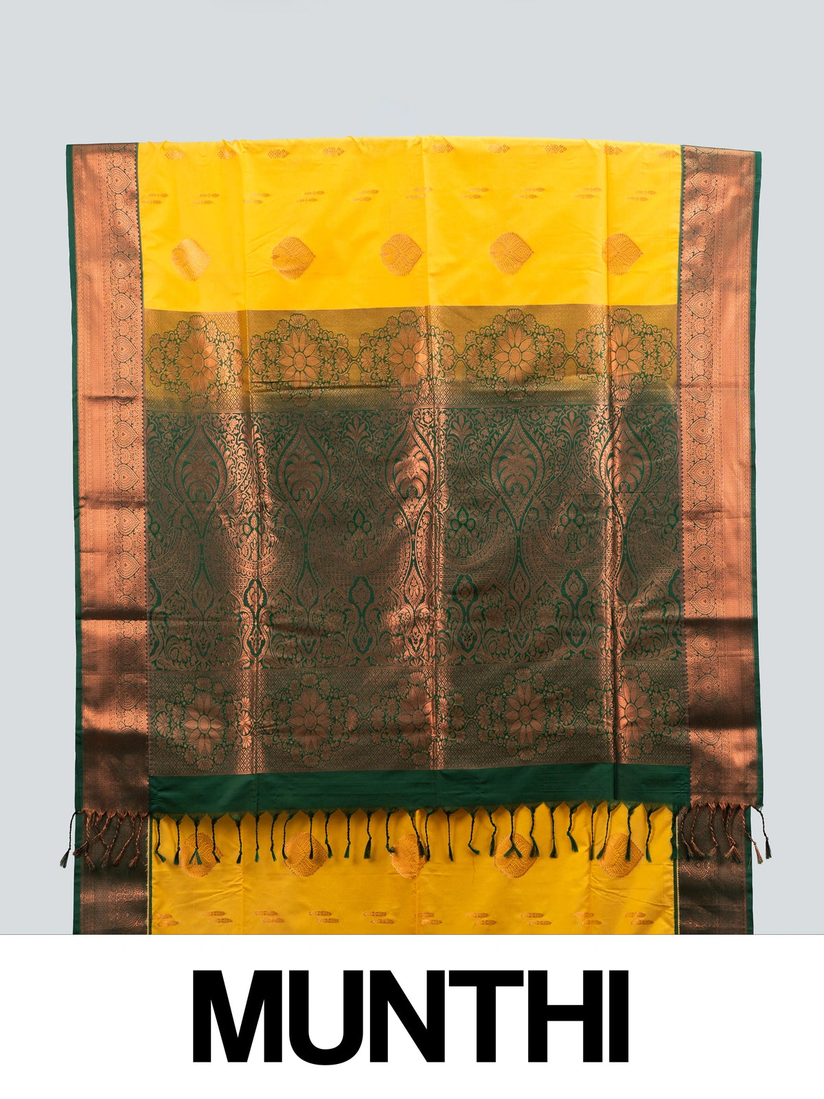 Yellow Kanchipuram fancy silk saree with green contrast border and copper zari pallu