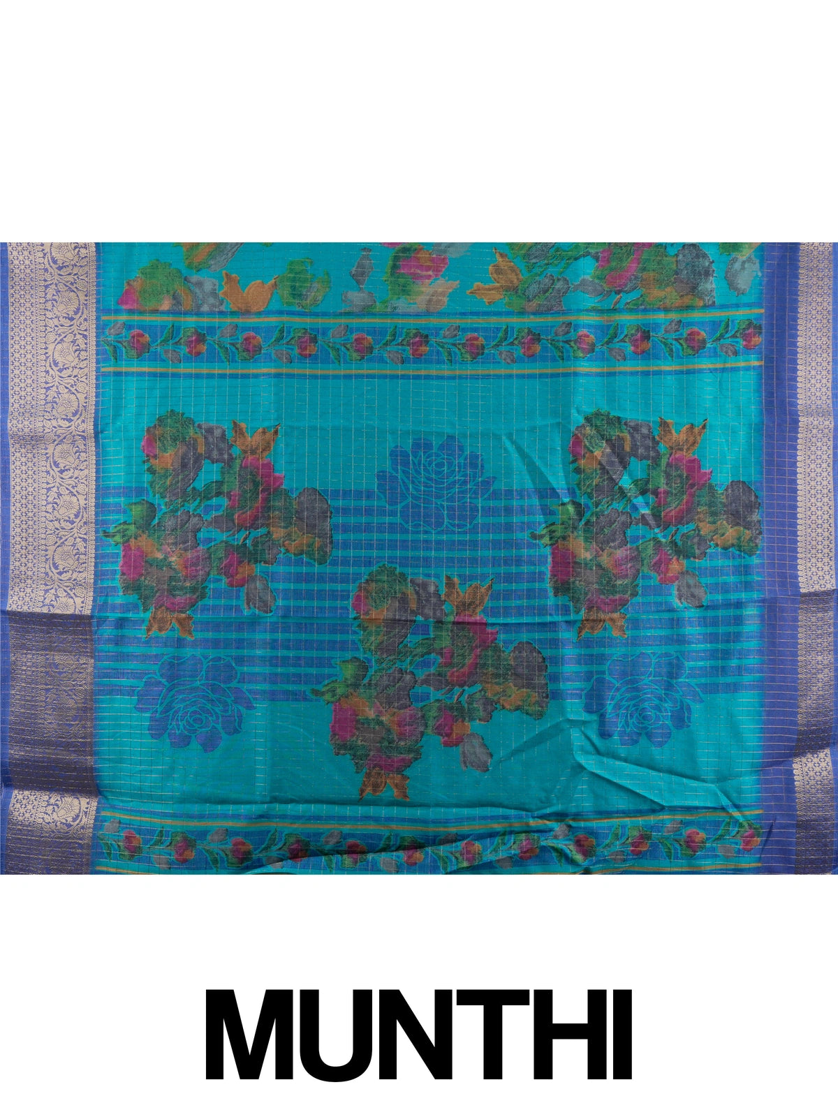 Teal Dola silk saree with multicolour floral print and contrast blue gold zari border