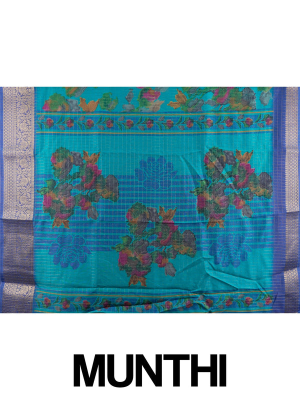 Teal Dola silk saree with multicolour floral print and contrast blue gold zari border