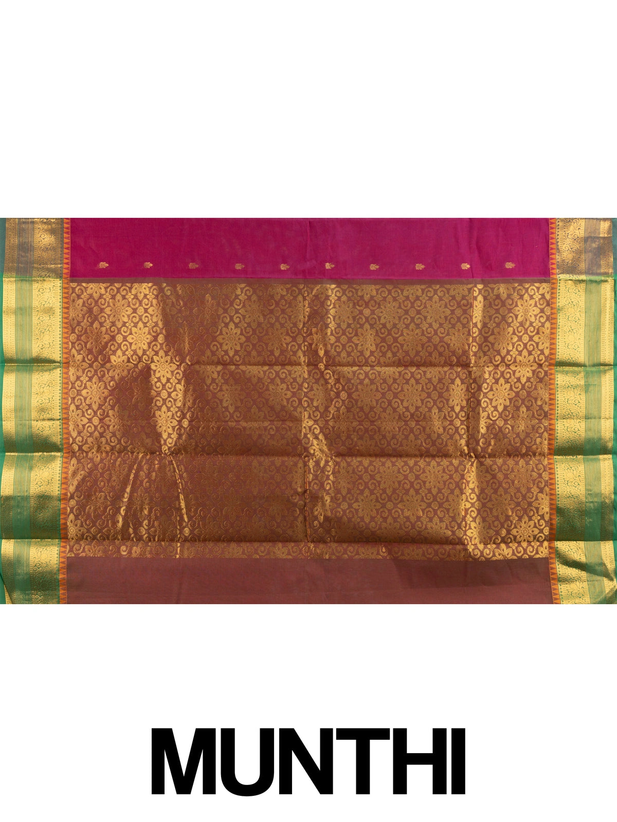 Pink Chettinad cotton saree with contrast green-and-gold zari border, gold buttas, and ornate gold pallu