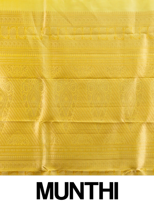 Yellow pure Kanchipuram silk saree with gold zari swan motifs and contrast border