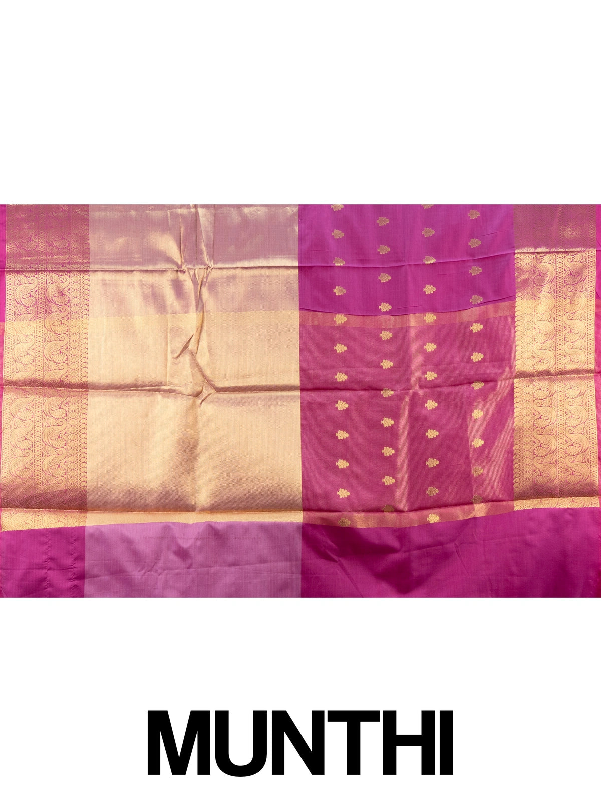Magenta Kanchi semi silk saree with gold zari buttas, contrast zari border and cream-gold tissue pallu