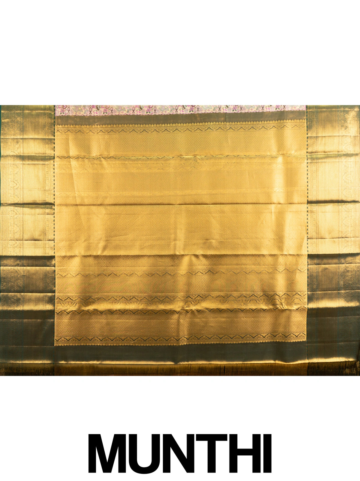 Pink and green Pure Kanchipuram silk saree with gold zari brocade motifs and contrast green border