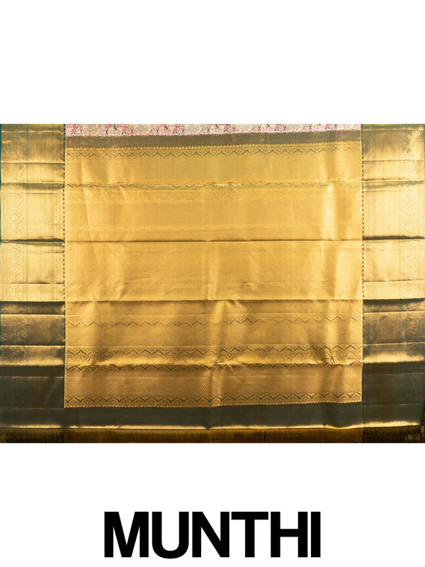 Pink and green Pure Kanchipuram silk saree with gold zari brocade motifs and contrast green border