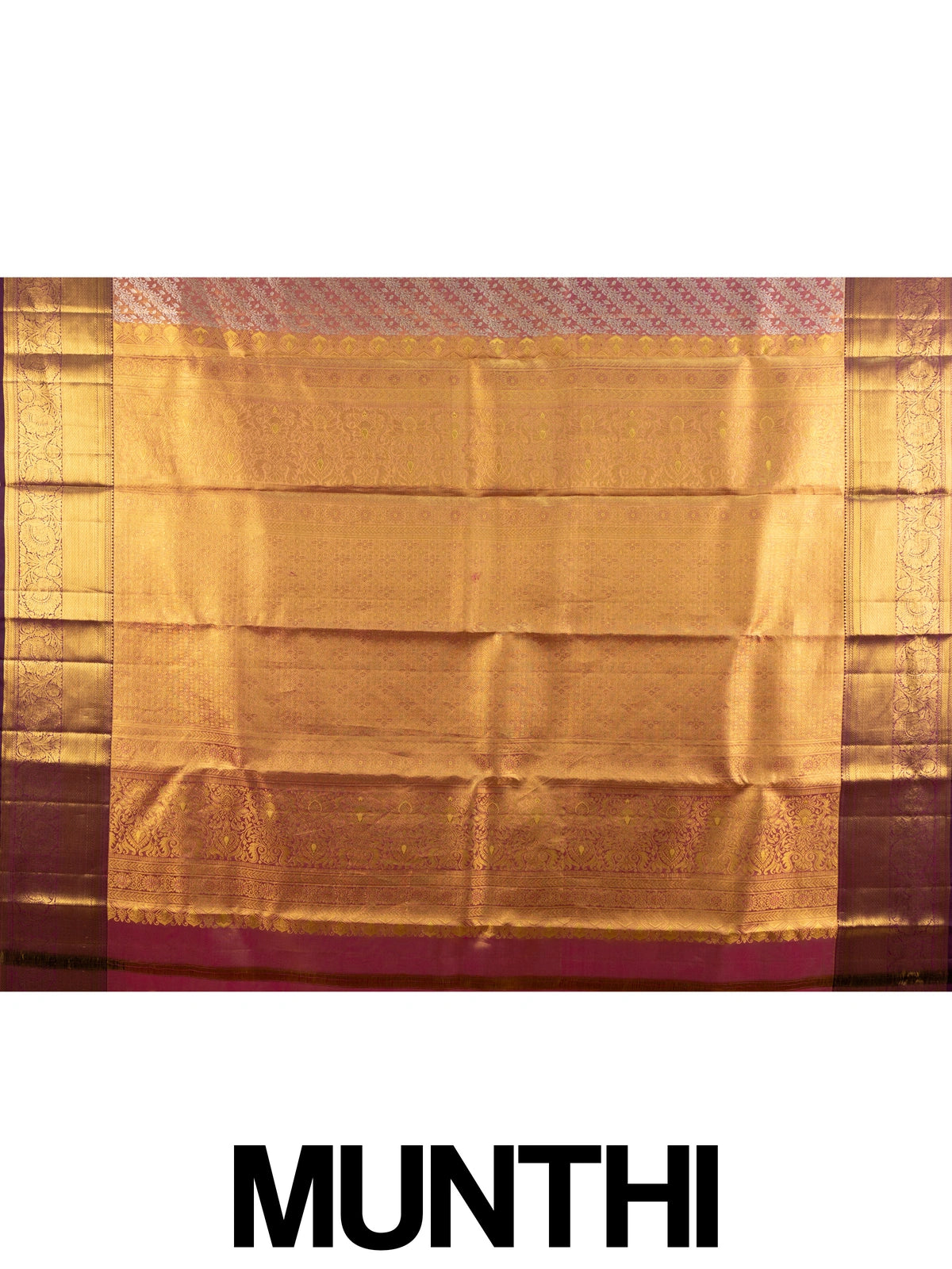 Peach pink and wine pure Kanchipuram silk saree with gold zari floral jaal and contrast border