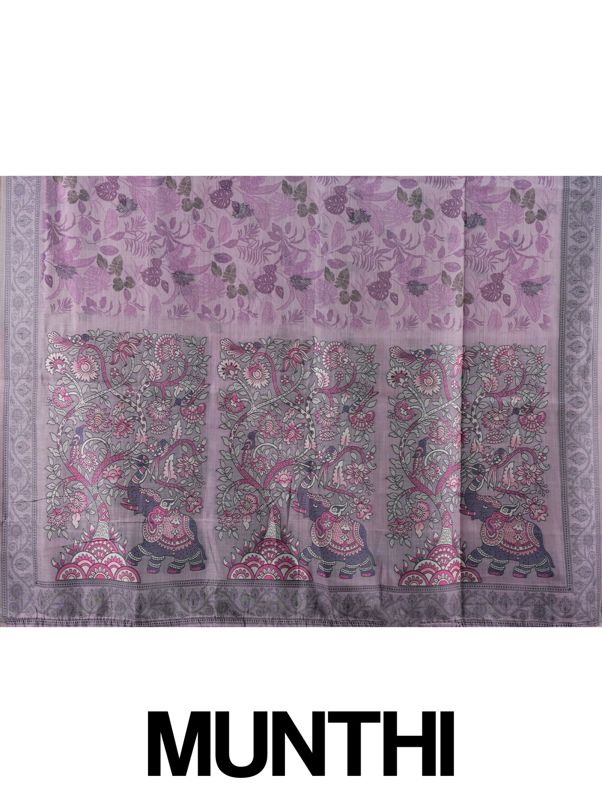 Lavender and grey Linen Cotton saree with tropical floral print and kalamkari elephant pallu