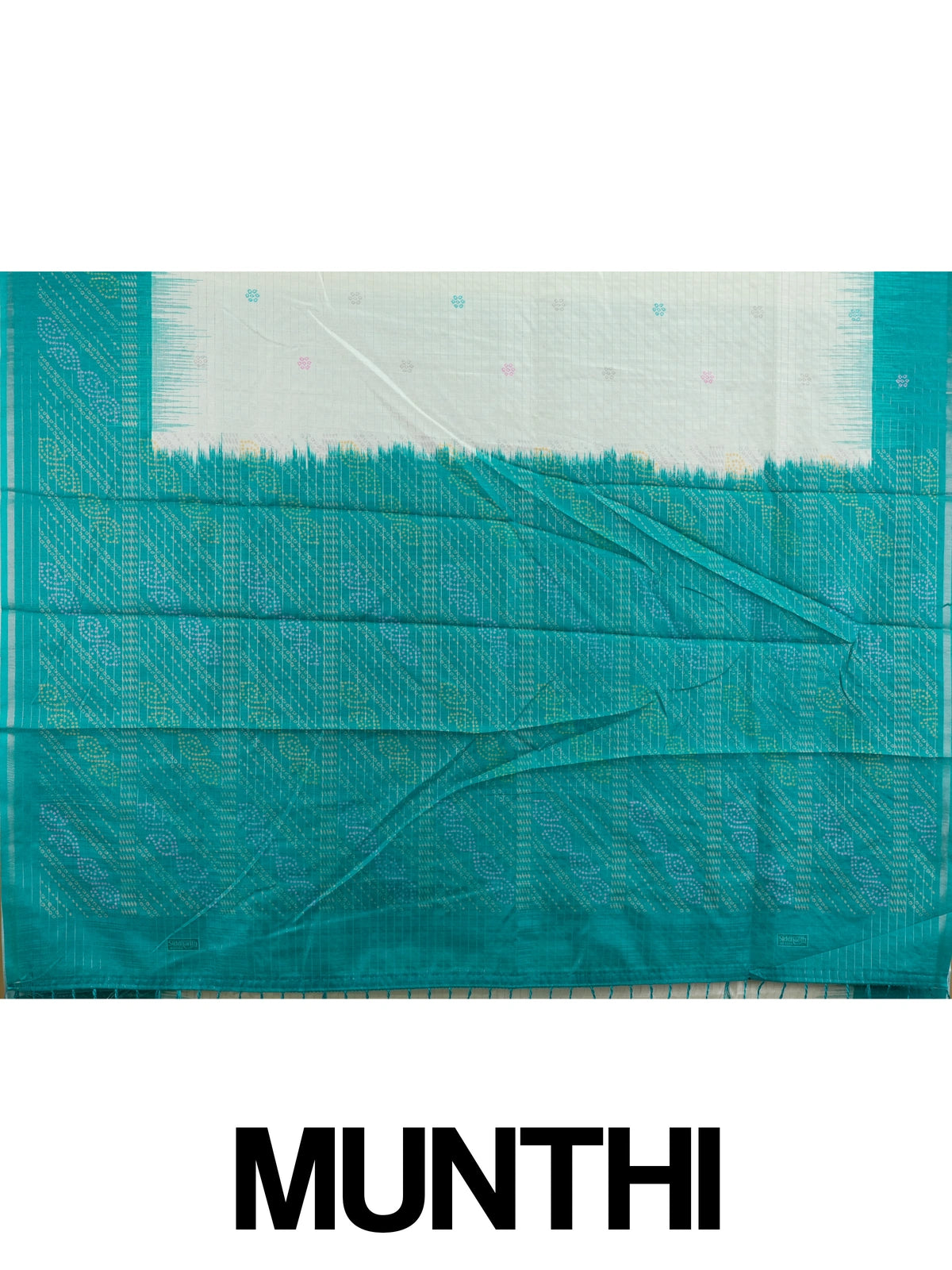 Cream and teal Dola silk saree with contrast temple border, floral buttas and patterned pallu