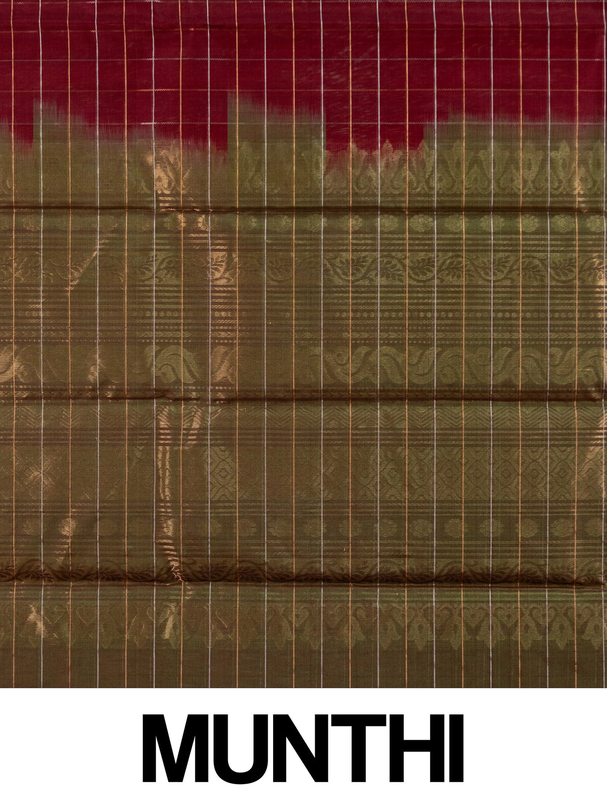 Maroon pure silk cotton saree with gold zari checks and contrast olive-green zari border and pallu