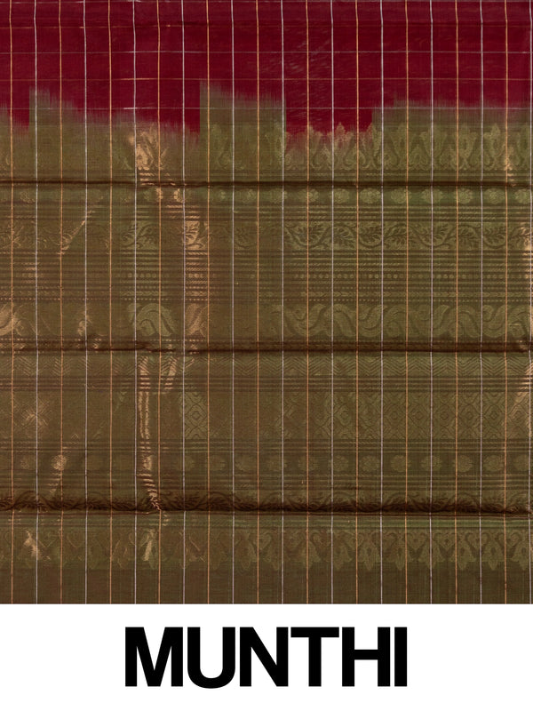 Maroon pure silk cotton saree with gold zari checks and contrast olive-green zari border and pallu