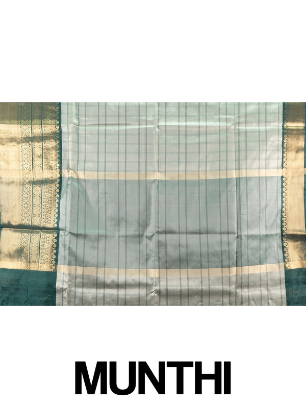 Grey and green checked Kanchi semi silk saree with green and gold zari border