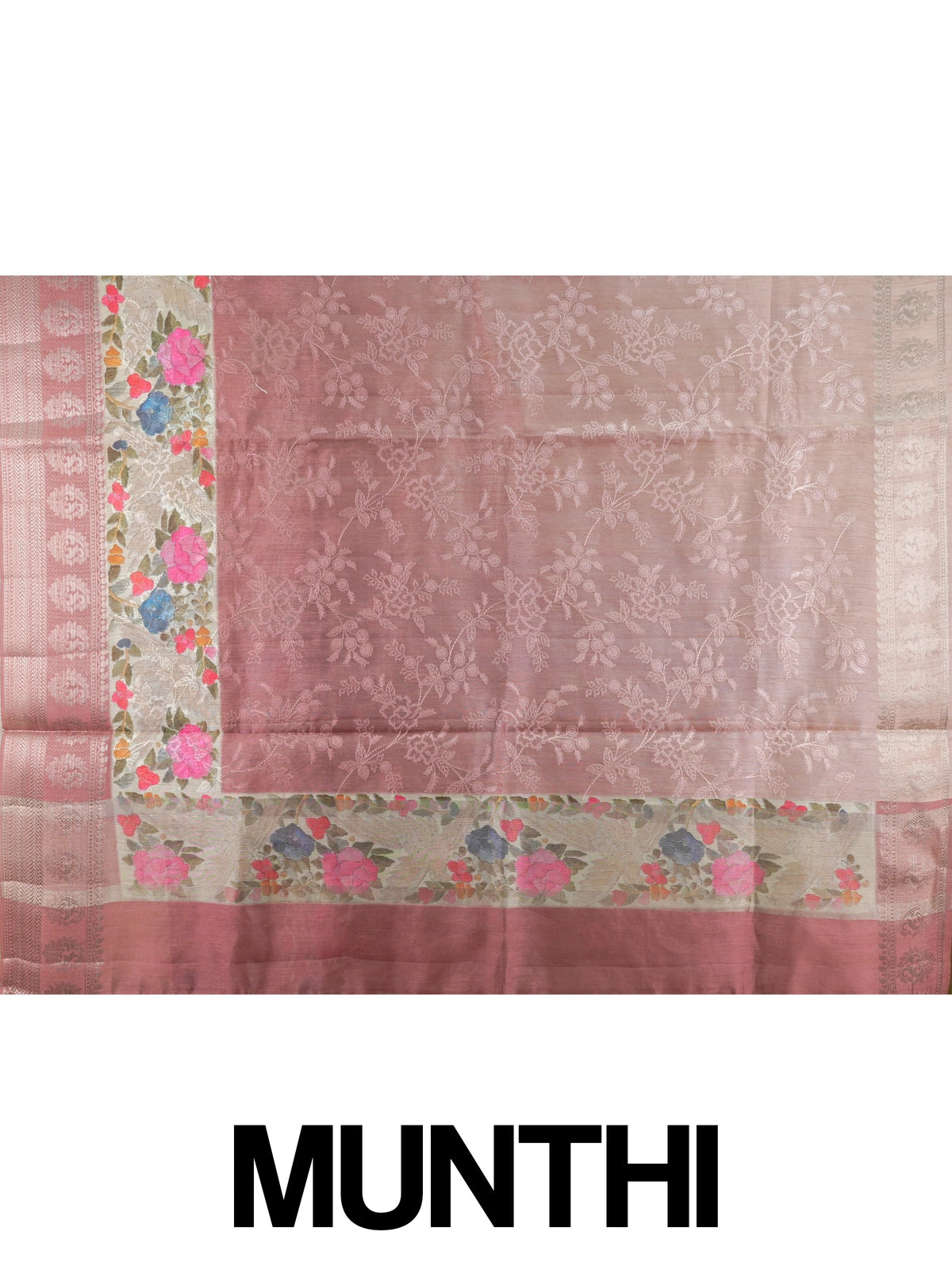 Dusty rose-pink designer saree with tonal floral embroidery and multicolour cream floral border