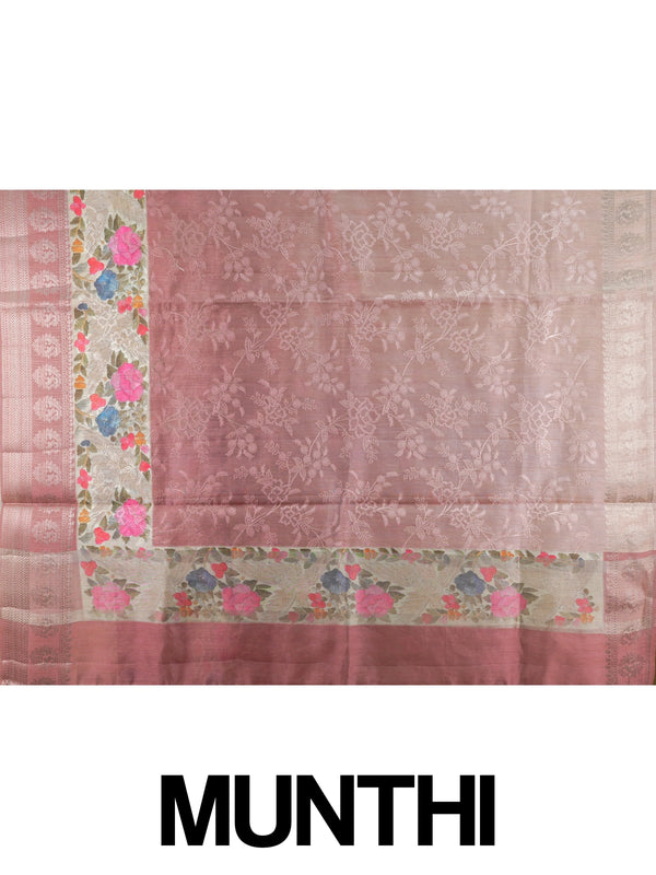 Dusty rose-pink designer saree with tonal floral embroidery and multicolour cream floral border