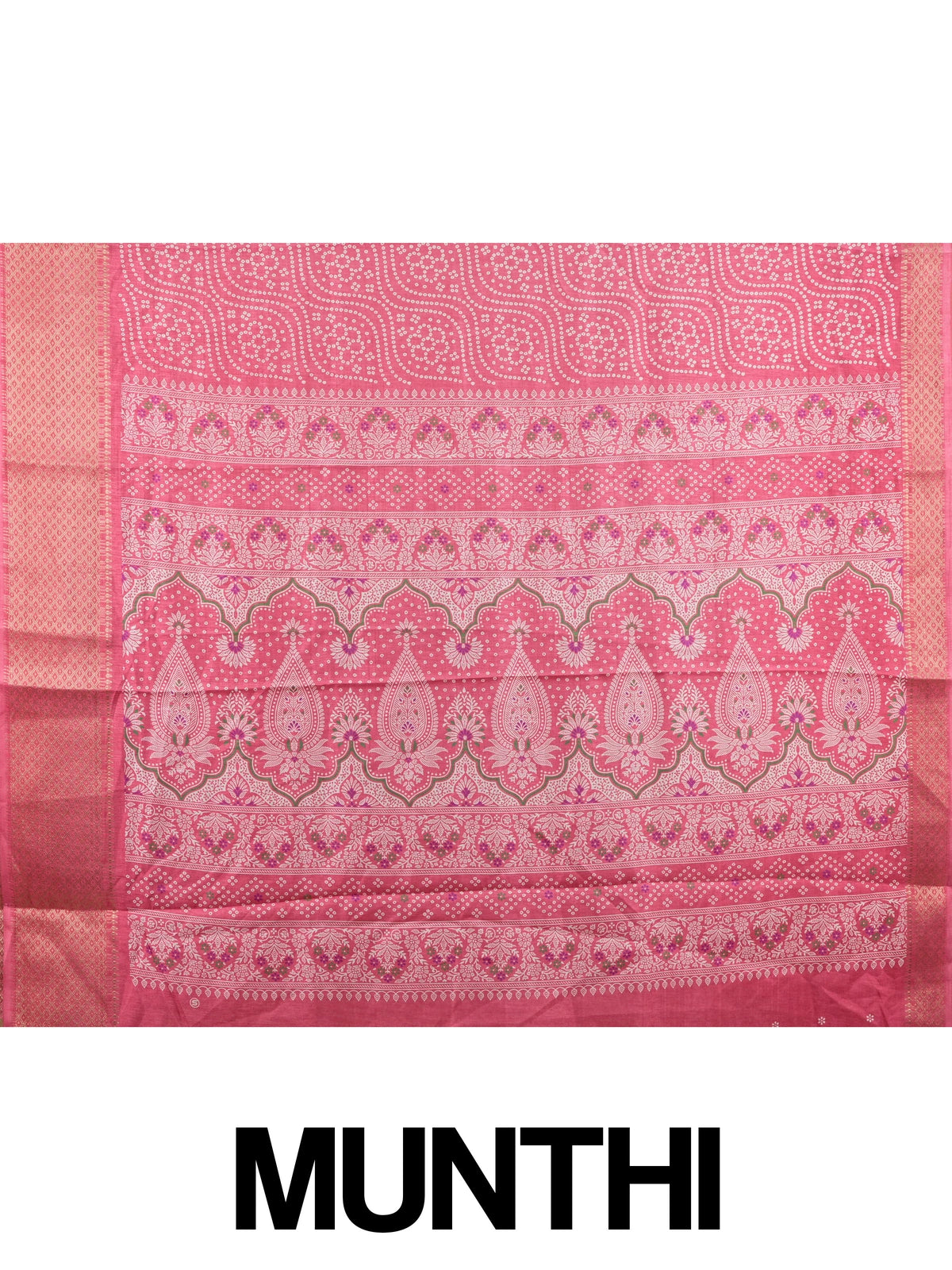 Pink bandhani-print Dola silk saree with gold zari border and floral paisley pallu