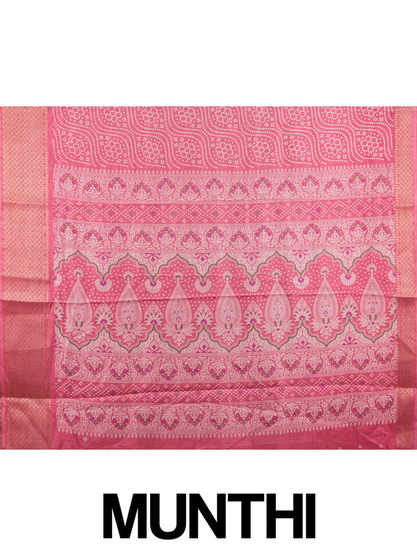 Pink bandhani-print Dola silk saree with gold zari border and floral paisley pallu