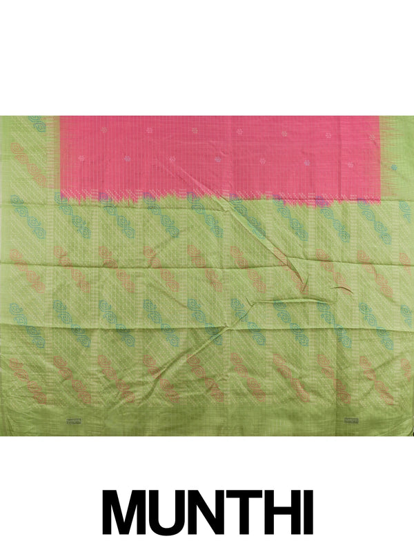 Pink Dola silk saree with contrast parrot-green border and bandhani paisley pallu