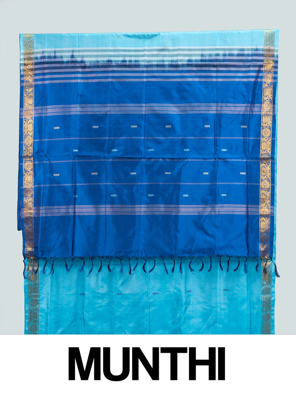 Sky blue banana silk saree with royal blue contrast pallu and gold zari border