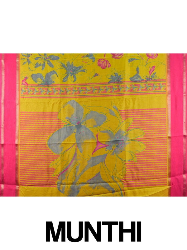 Mustard yellow Dola silk saree with pink zari border and floral print pallu