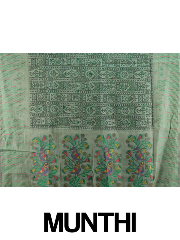 Sage green linen cotton saree with ikat-style motifs and Madhubani bird pallu