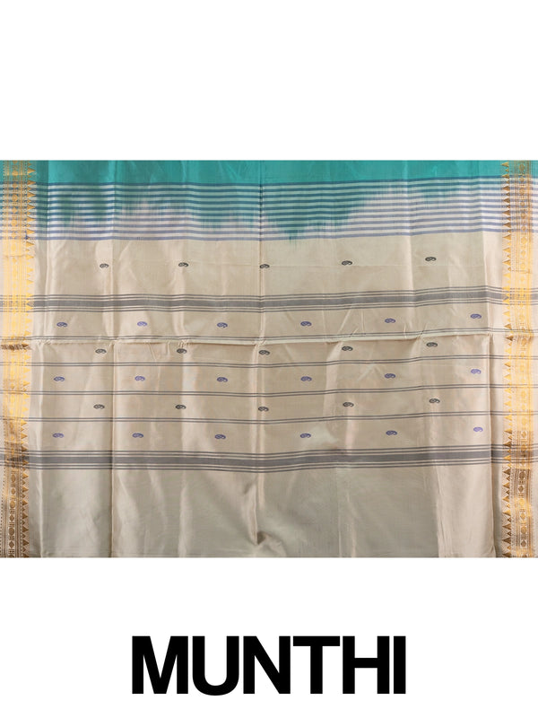 Teal green Banana Silk saree with gold zari border, paisley buttas and contrast cream pallu