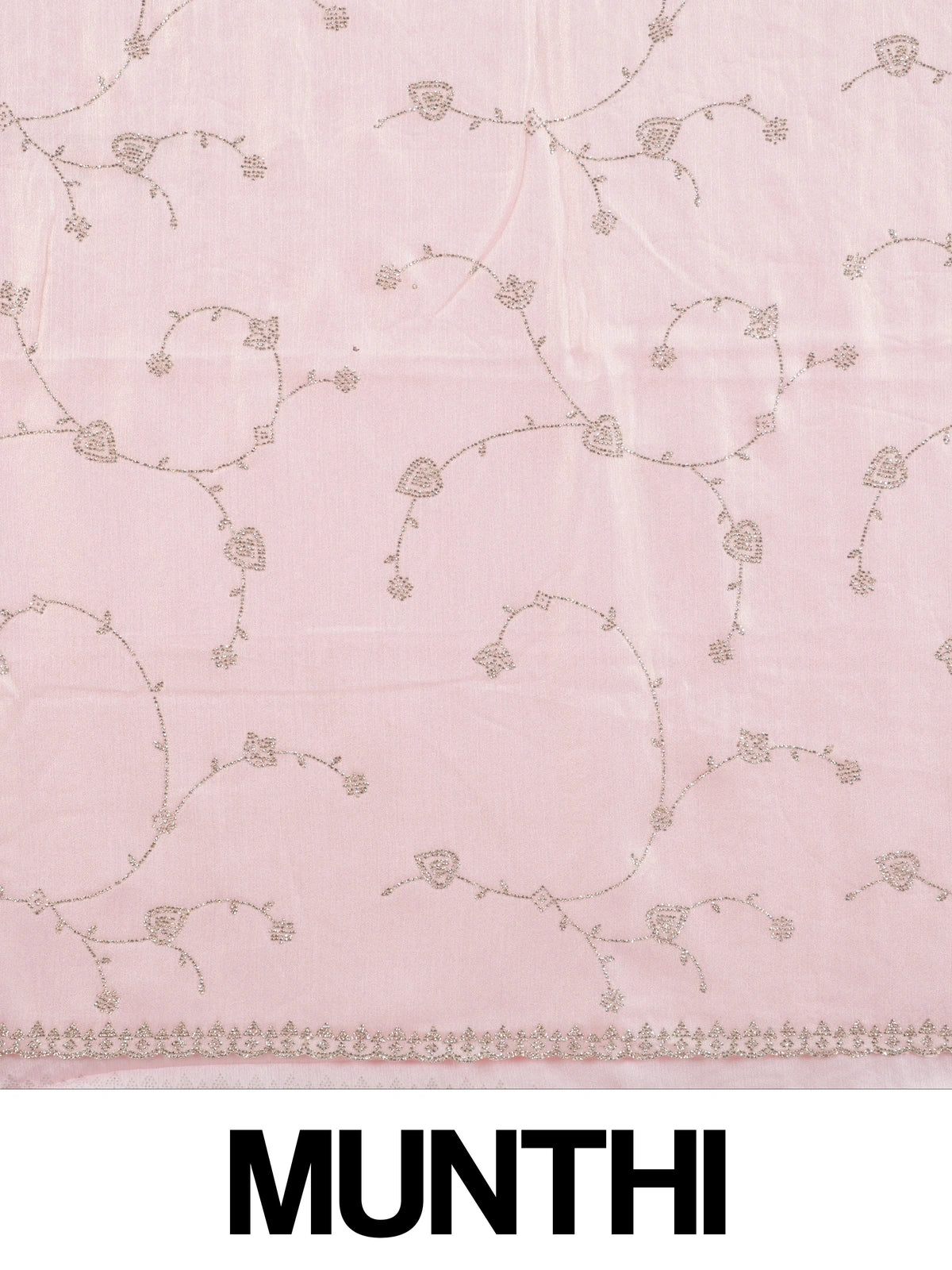 Soft pink designer saree with silver stonework floral vine embroidery and scalloped border