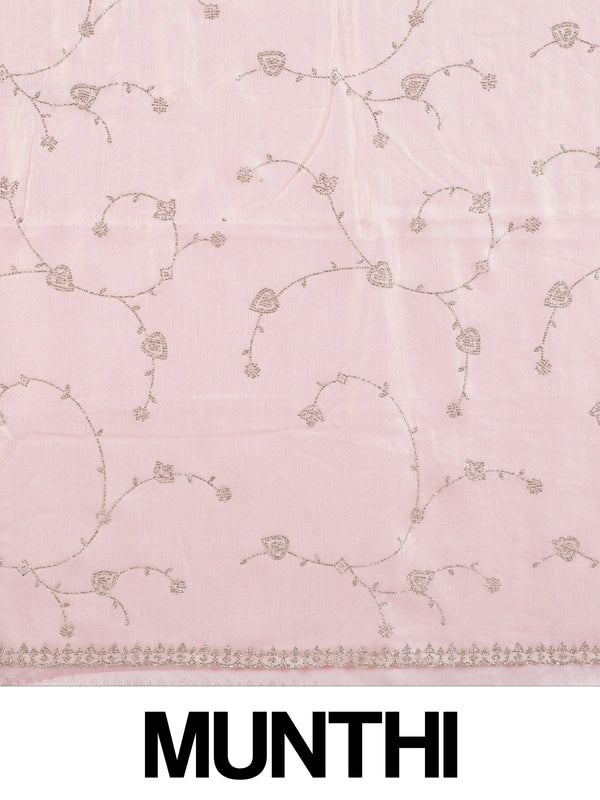 Soft pink designer saree with silver stonework floral vine embroidery and scalloped border