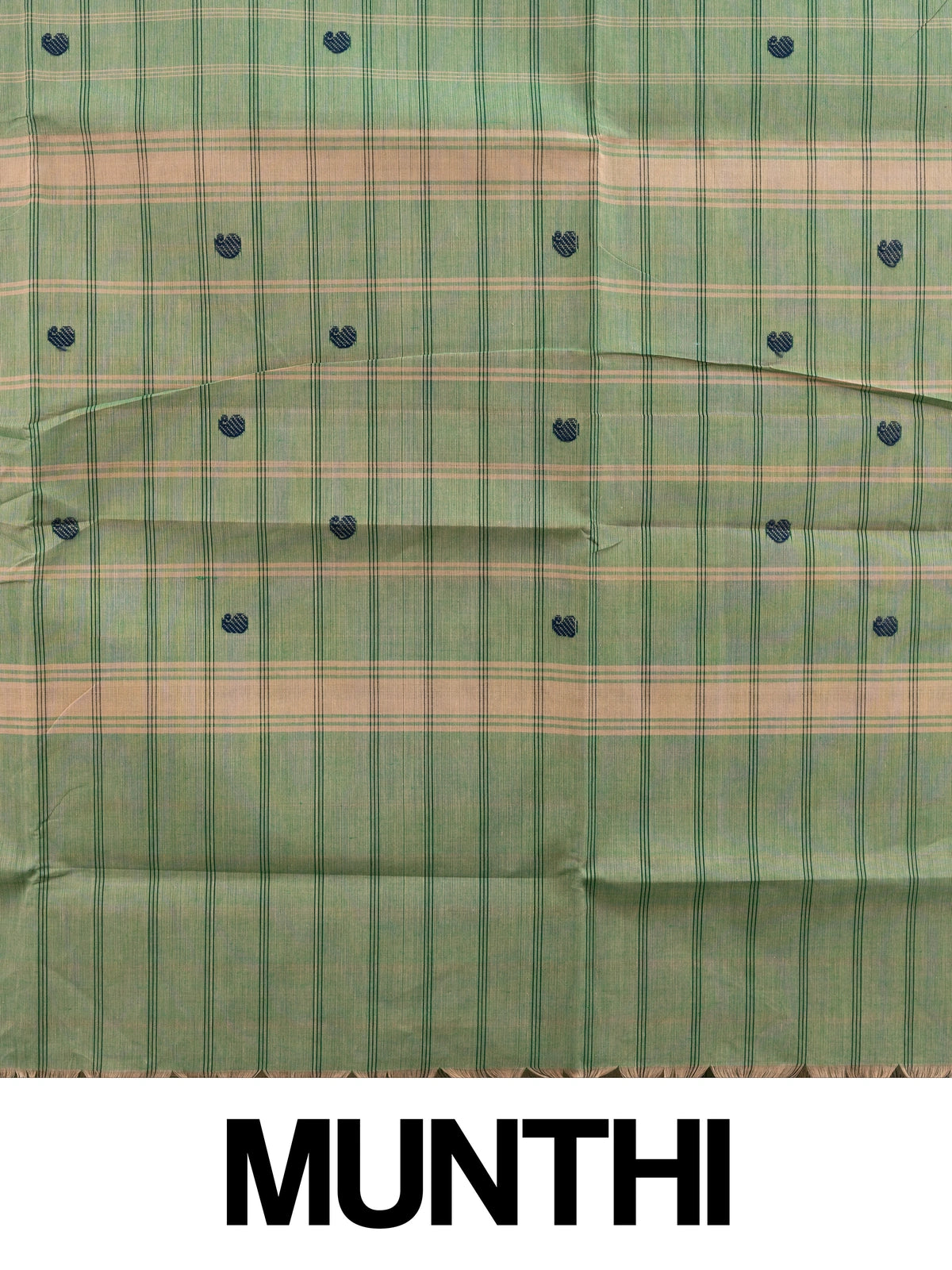 Green checked Chettinad cotton saree with navy buttas and contrast gold zari border