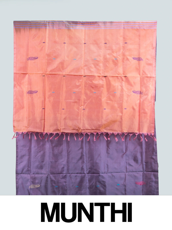 Lavender purple banana silk saree with peach pallu, paisley buttas and slim zari border