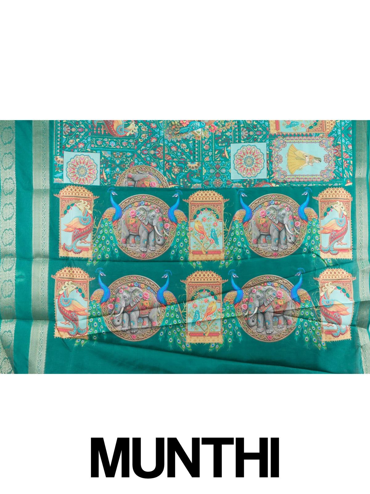 Teal green Dola silk saree with peacock and elephant patchwork print and gold zari border