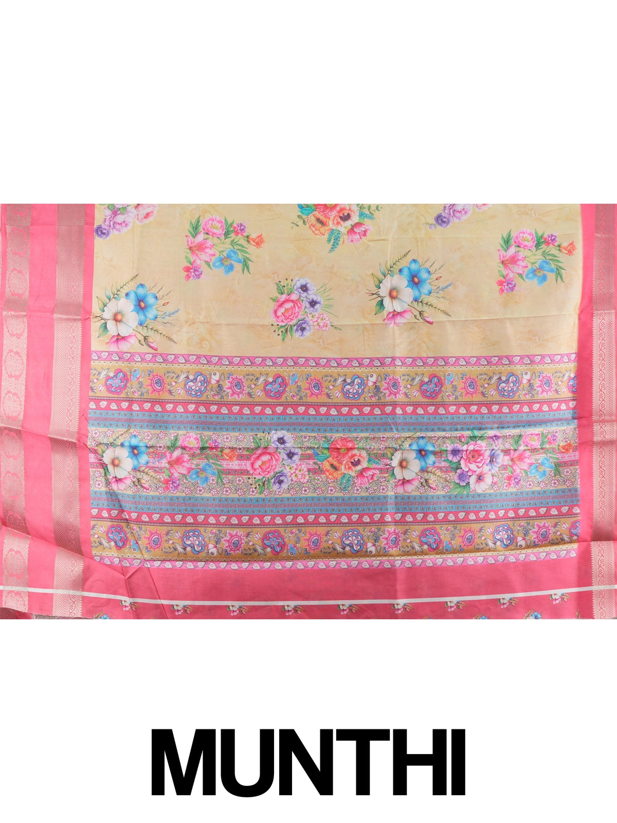 Cream Dola silk saree with multicolour floral print and contrast pink silver zari border