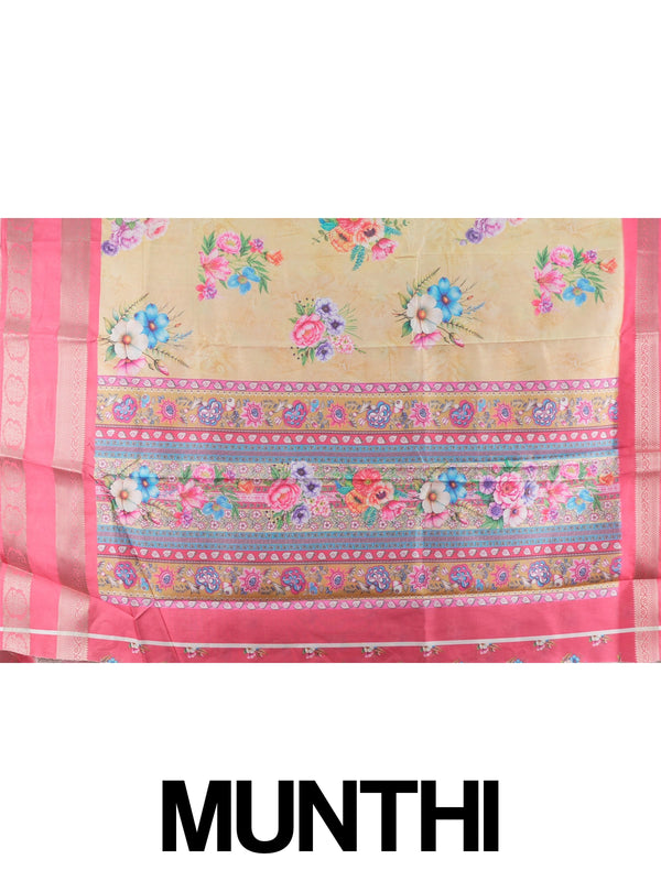 Cream Dola silk saree with multicolour floral print and contrast pink silver zari border