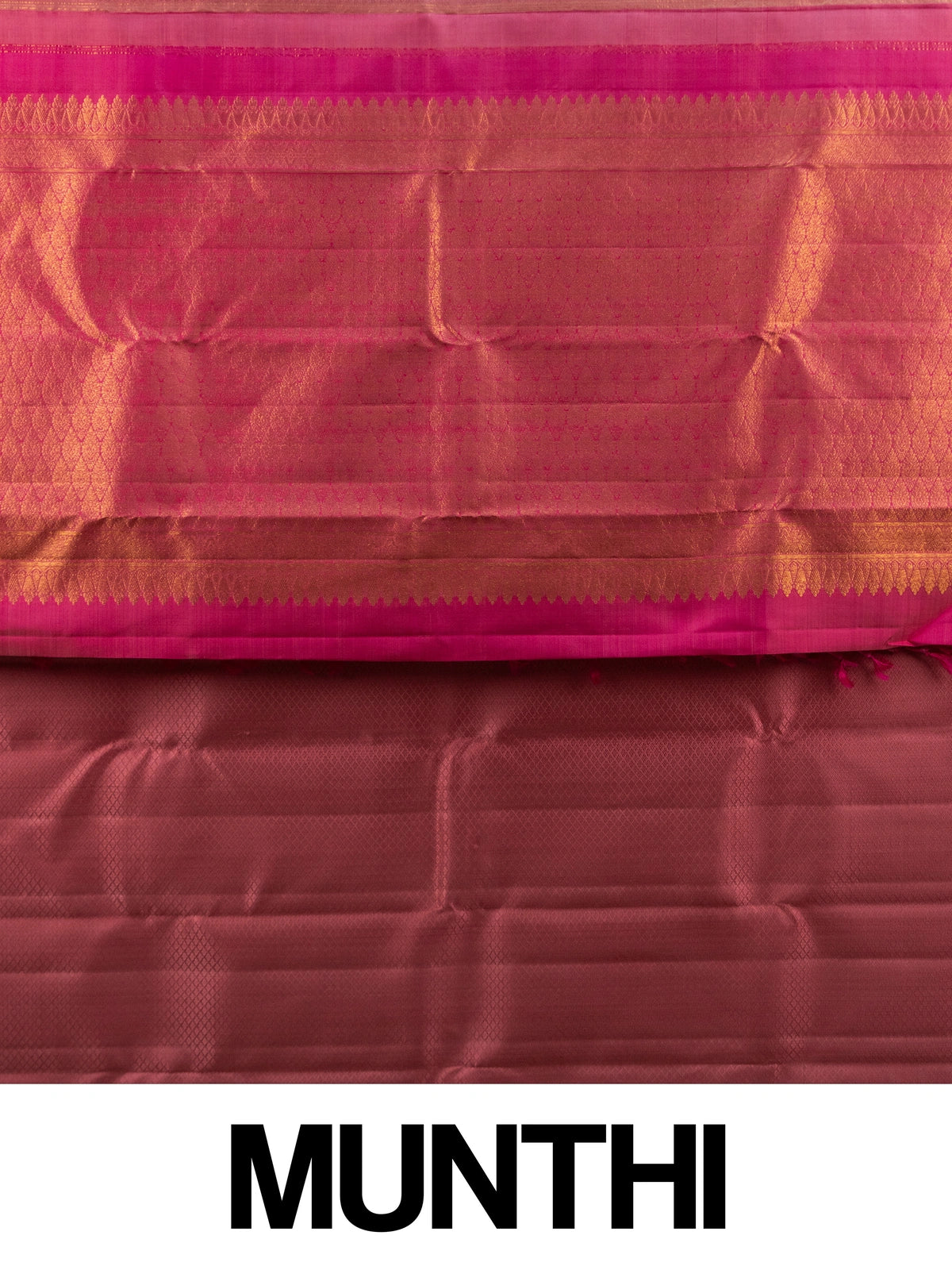 Rose pink pure Kanchipuram silk saree with contrast magenta gold zari border and brocade pallu