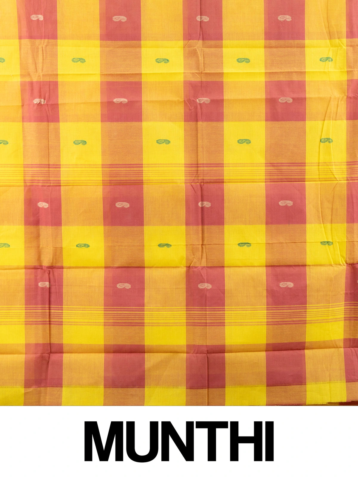 Yellow and red Chettinad cotton saree with checks, paisley buttas and contrast geometric border
