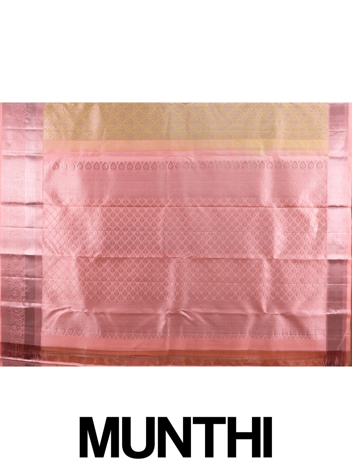 Gold and pink pure Kanchipuram silk saree with gold zari brocade body and contrast pink silver zari border