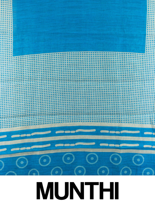 Peacock blue linen cotton saree with cream checked body, silver zari border and printed pallu