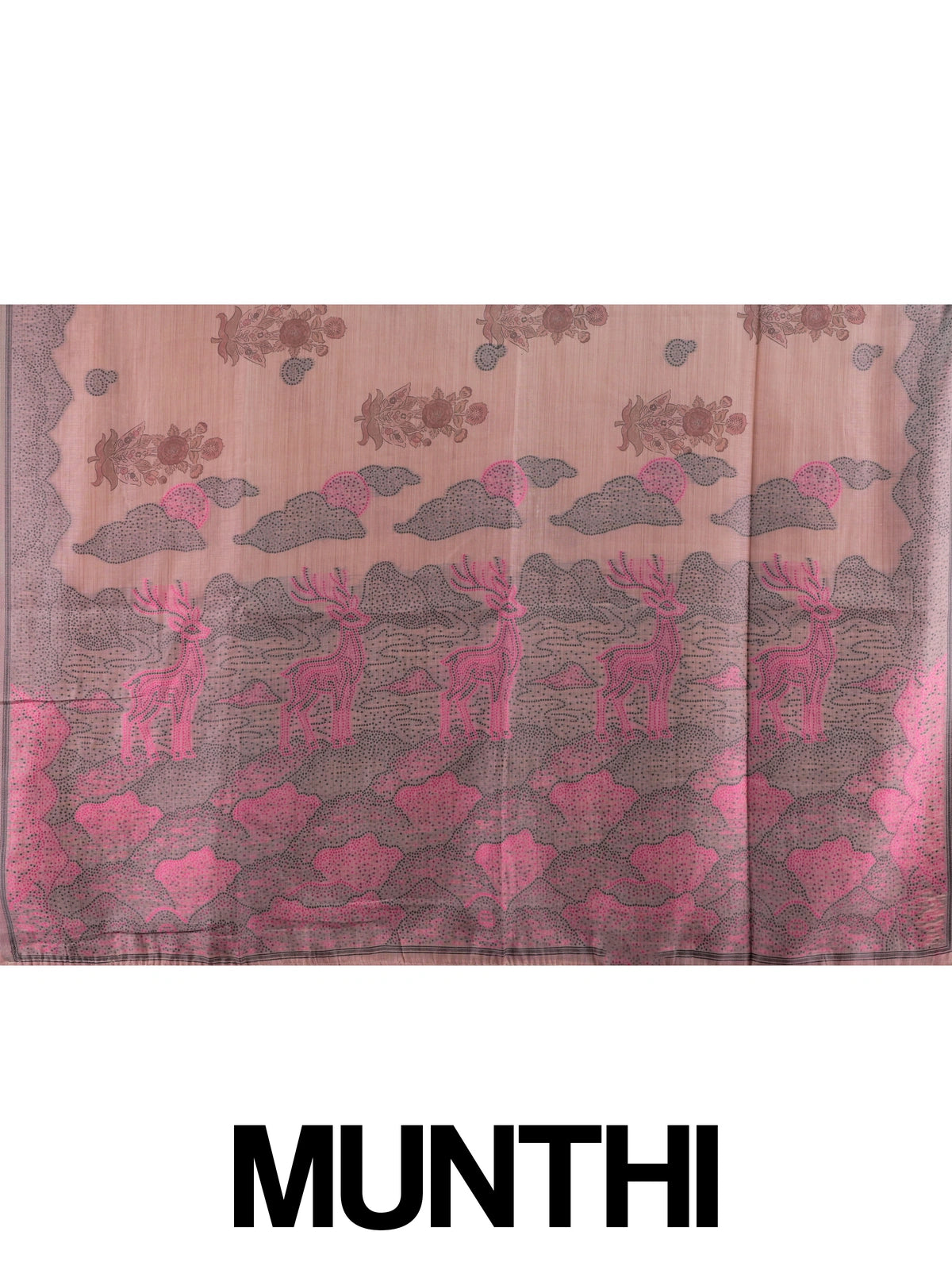 Dusty pink linen cotton saree with grey border, floral buttas and pink deer motif pallu