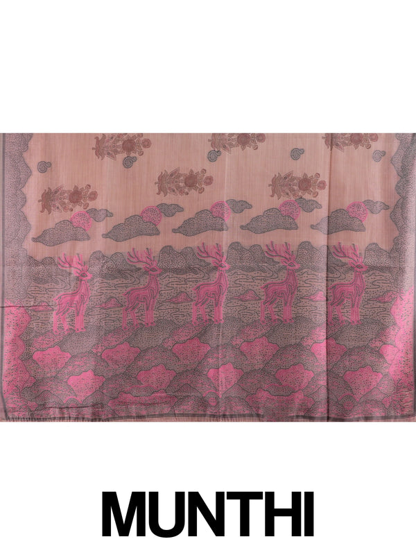 Dusty pink linen cotton saree with grey border, floral buttas and pink deer motif pallu