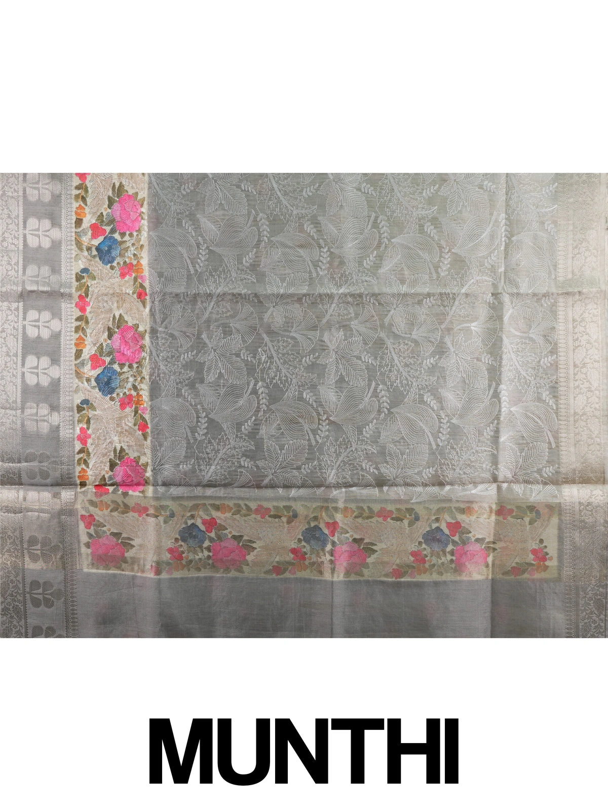 Grey designer saree with white floral embroidery, silver zari border and multicoloured embroidered roses