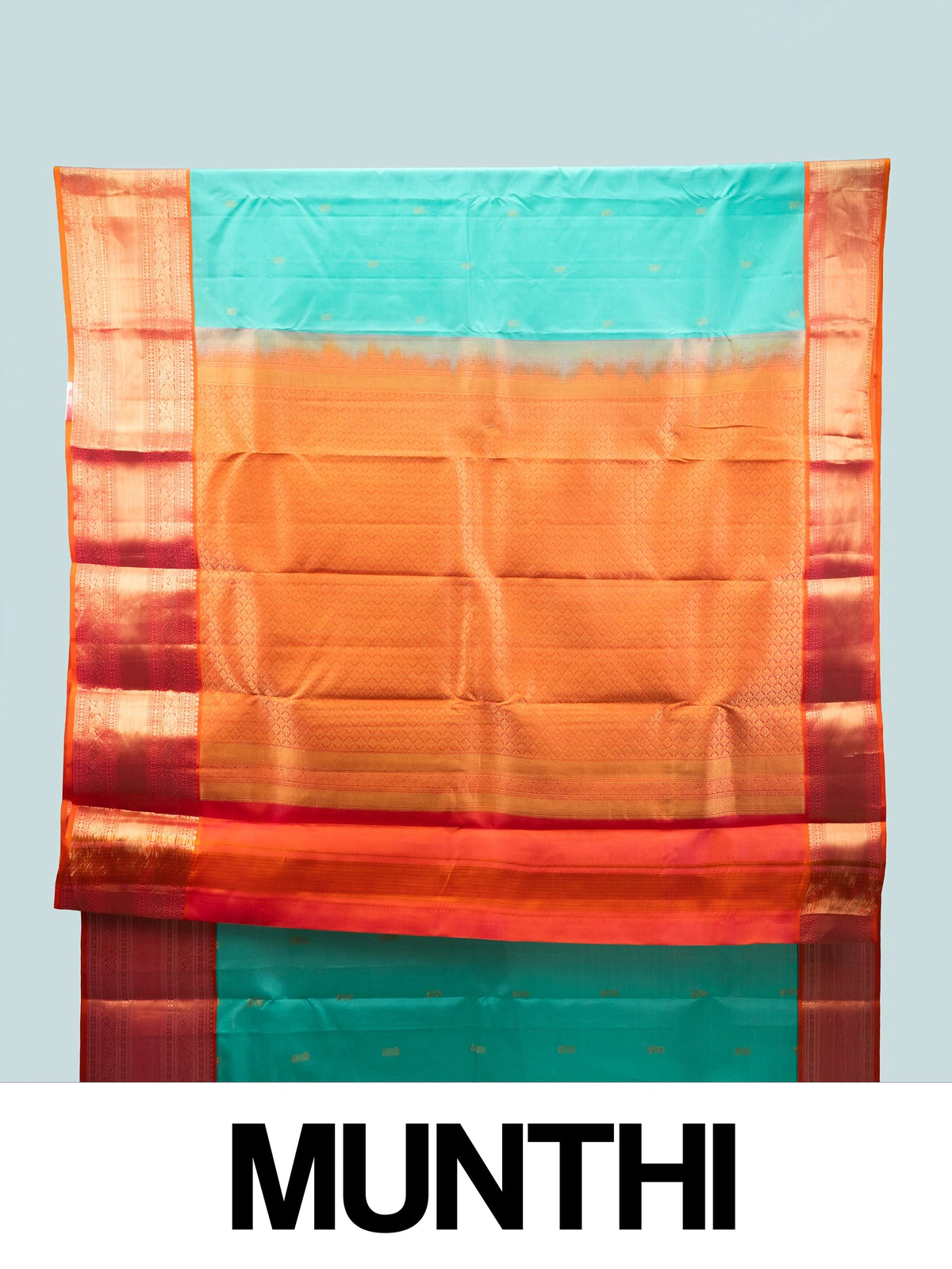 Teal pure Kanchipuram silk saree with contrast orange-red gold zari border and woven pallu