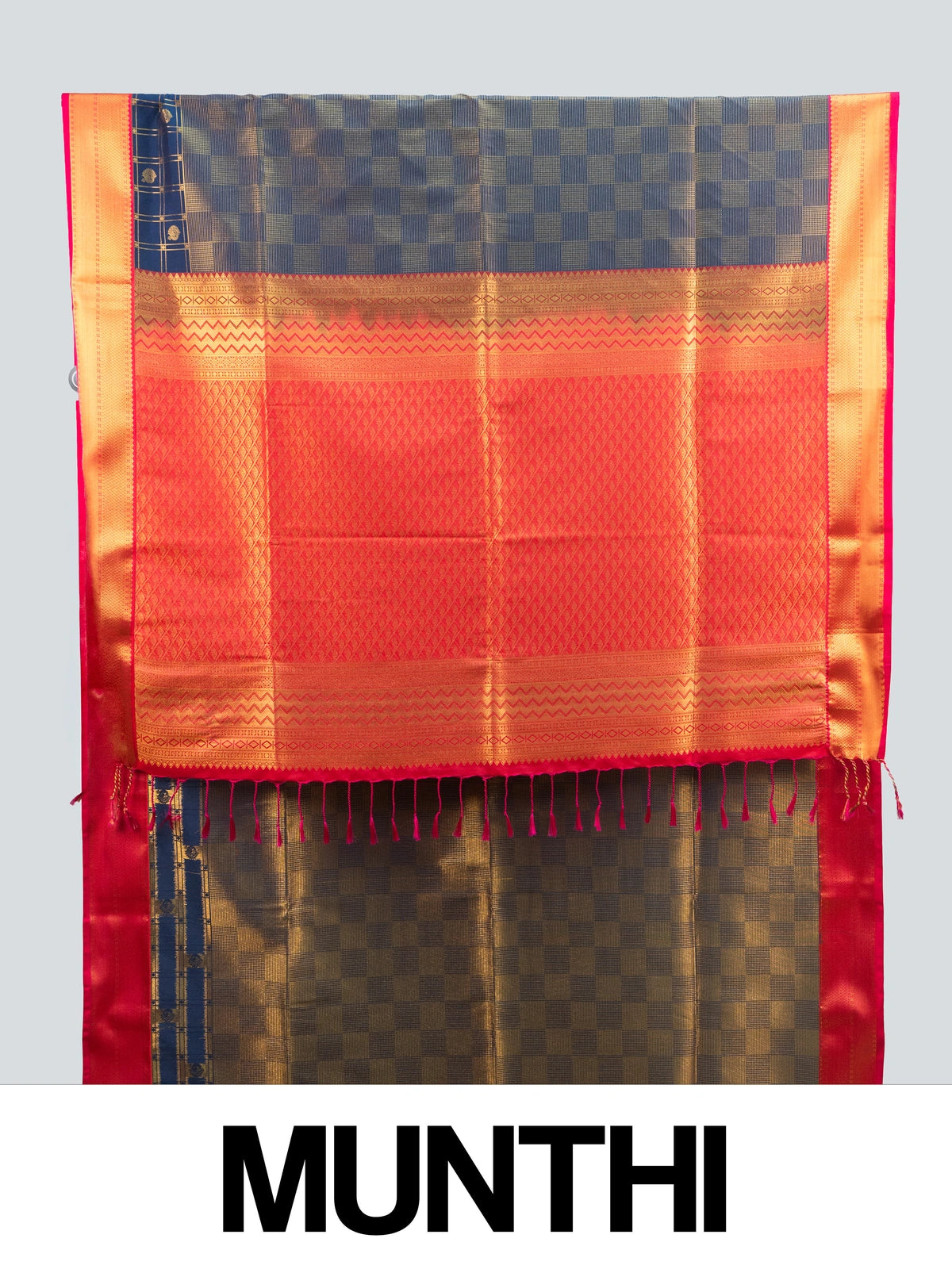 Navy blue Kanchipuram fancy silk saree with gold zari checks and contrast orange-red zari border and pallu