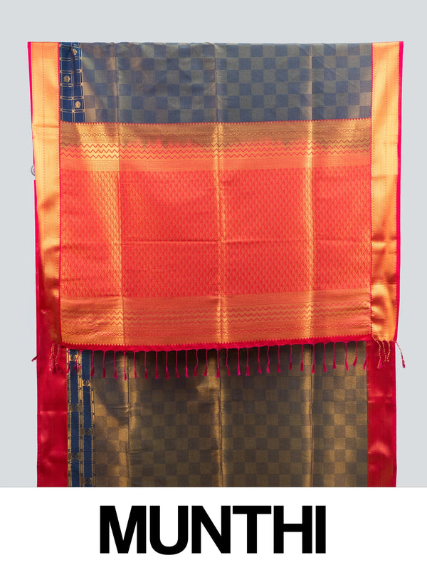Navy blue Kanchipuram fancy silk saree with gold zari checks and contrast orange-red zari border and pallu